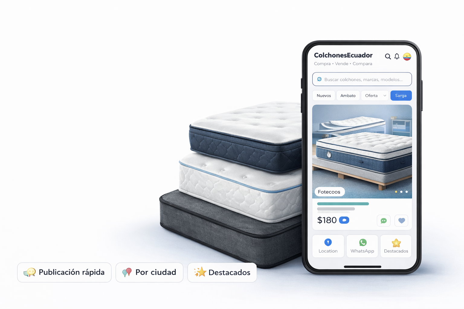 Compra y venta de colchones en Ecuador desde el celular Marketplace de colchones en Ecuador mostrando app móvil para comprar y vender colchones por ciudad